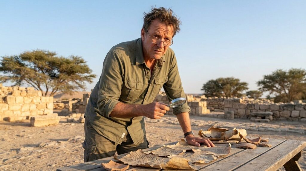 Israeli scholar reads ancient texts at Shittim ruins in morning light.