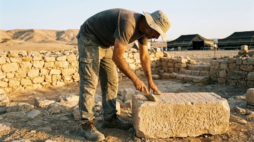 Archaeologist examines ancient ruins in Negev desert at sunset.