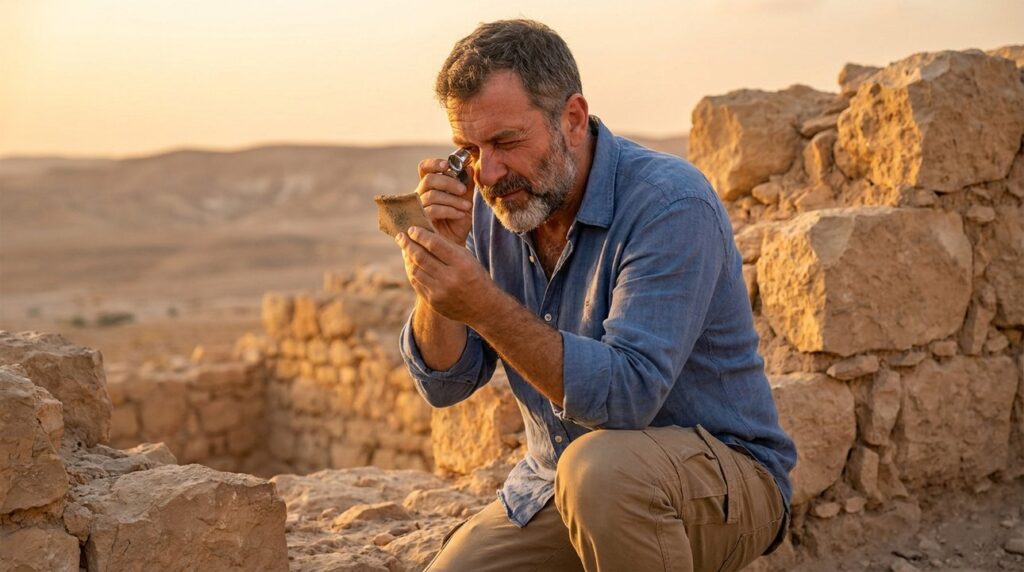 Israeli historian examines ancient pottery in the Judean desert.