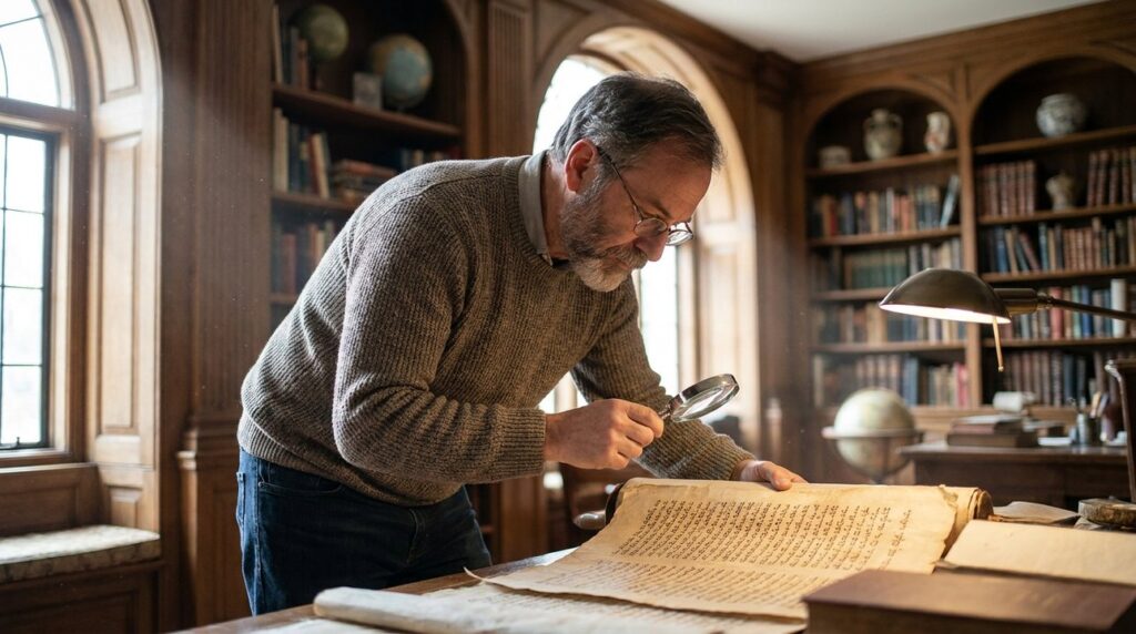 Israeli historian examines ancient manuscripts in a dimly lit library.