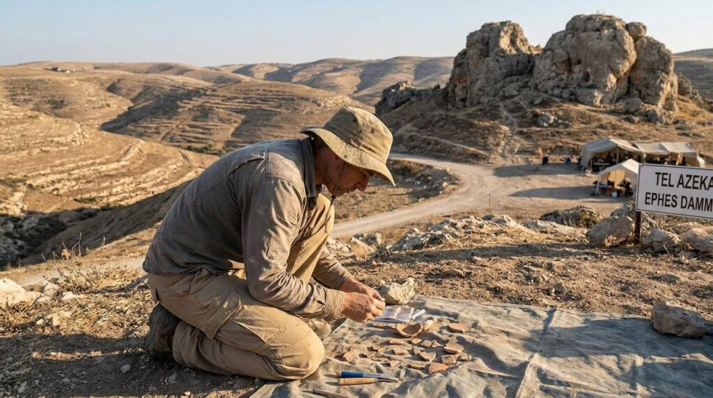 Archaeologist examines artifacts at Ephes Dammim with rolling hills behind.