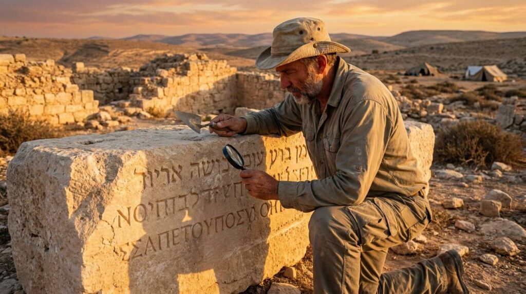 Israeli archaeologist examines ancient inscriptions on stone ruins at sunset.