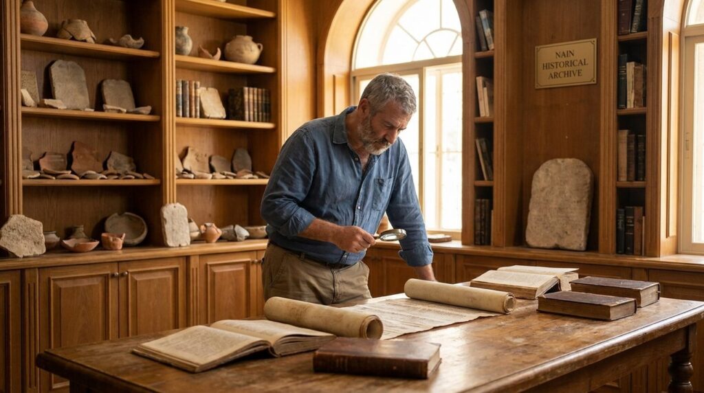 Israeli historian in casual clothes examines ancient texts in library.