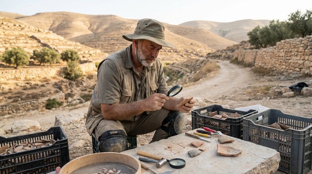 Israeli archaeologist examines artifacts in a rugged valley landscape.