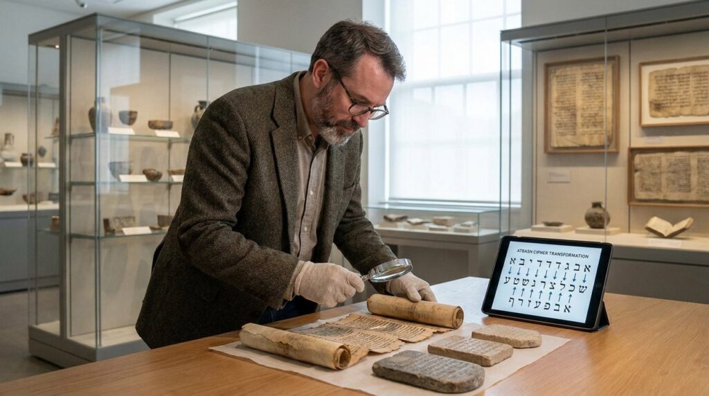 Israeli historian examines Atbash cipher texts in modern museum.