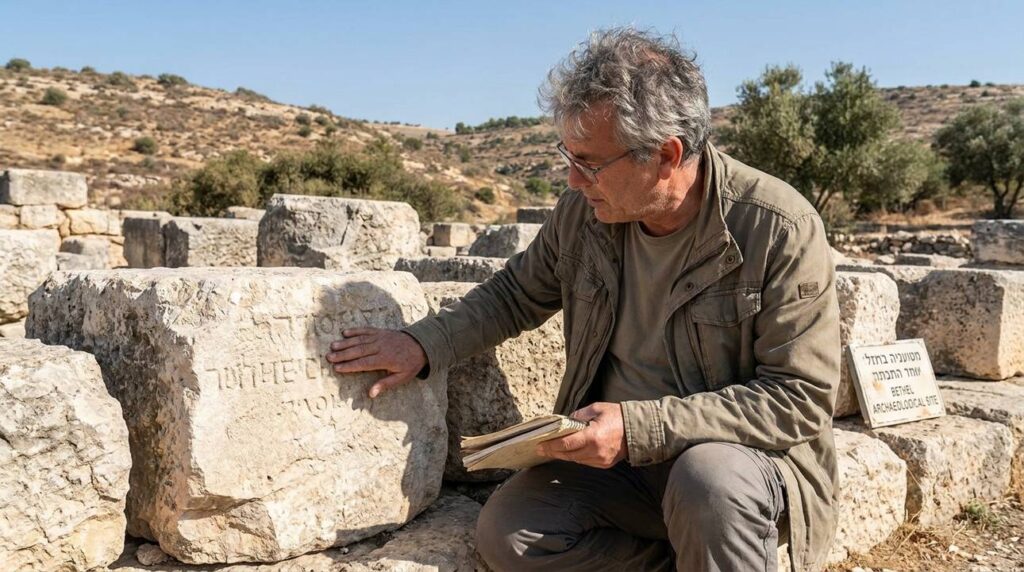 Israeli historian examines ancient stone ruins at Bethel in sunlight.