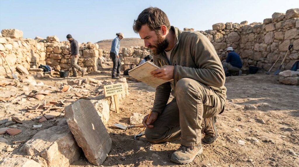 Archaeologist documenting findings at Baal Zephon ruins with notepad.