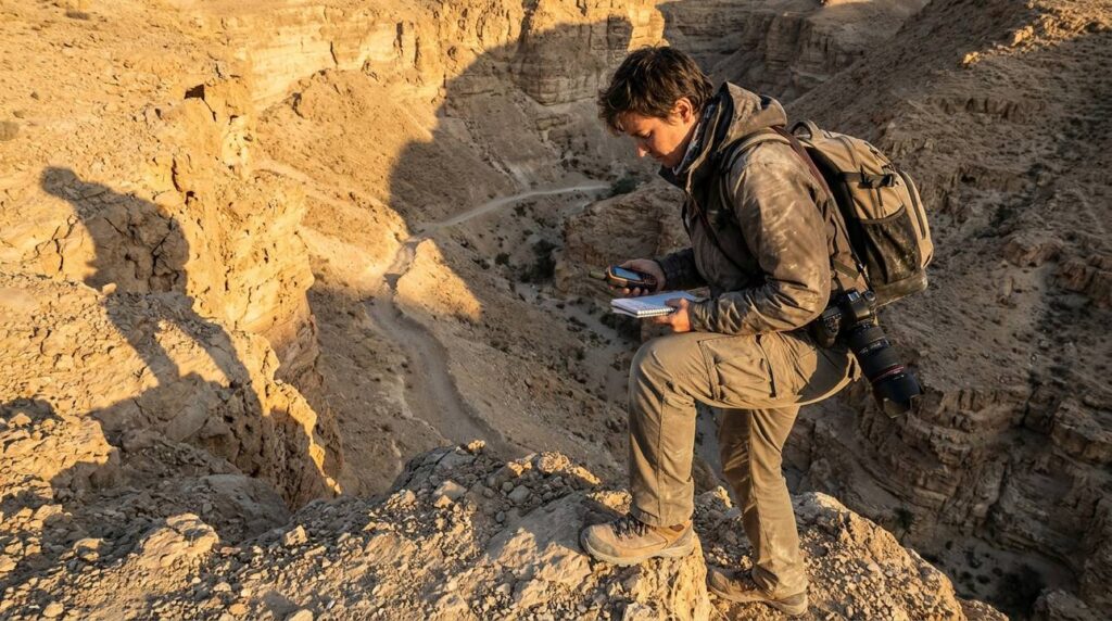 Archaeologist examining terrain in the Judean Desert at sunset.
