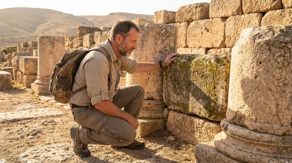 Israeli man in hiking gear examines Baal Peor ruins at sunrise.