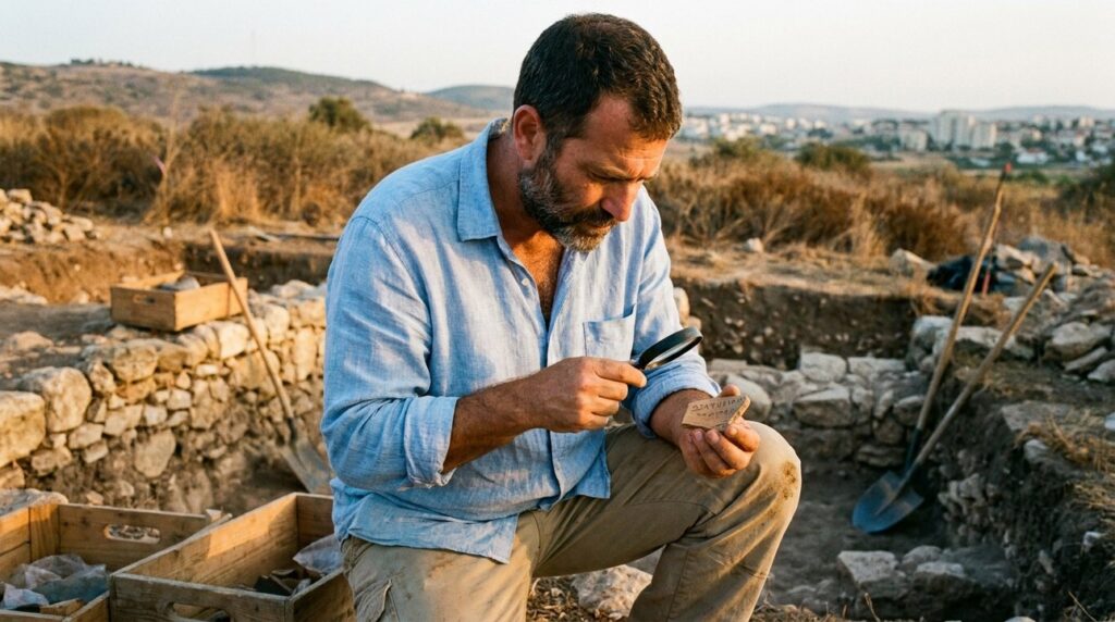 Israeli historian examines Abiezrite artifacts at archaeological site in Israel.
