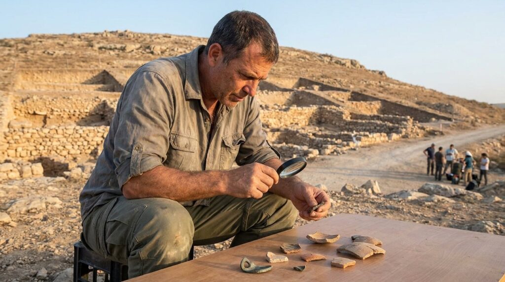 Israeli archaeologist examines artifacts at historical excavation site in Israel.