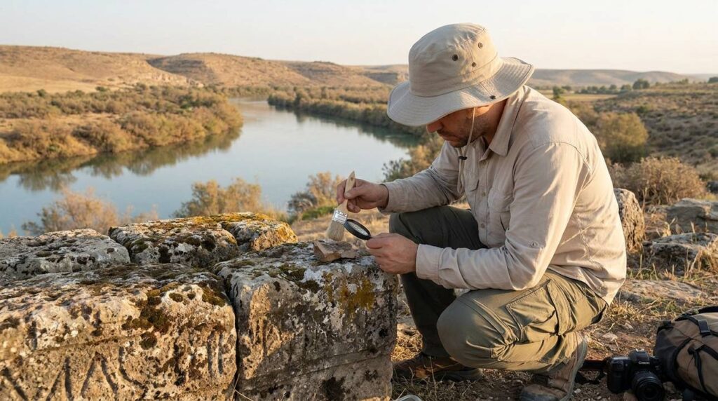 Researcher in field attire examines ancient ruins by Ulai River.