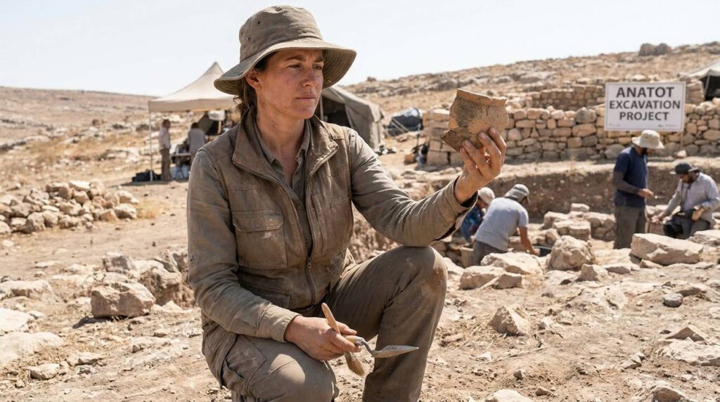 Archaeologist examining pottery shards at Anatot excavation site in daylight.