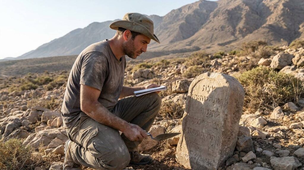 Israeli archaeologist examining ancient markers at Mount Hermon's base.