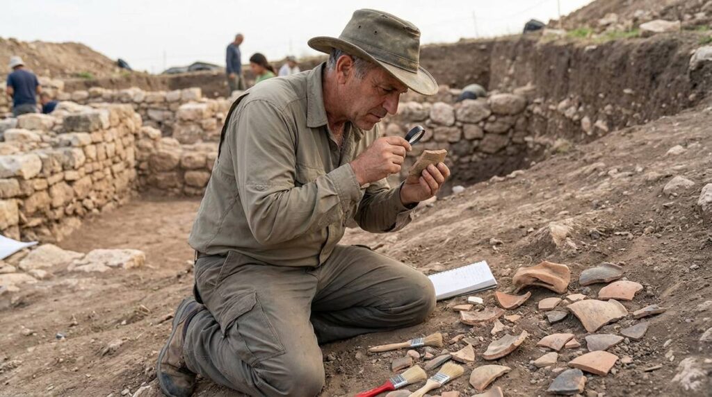 Middle-aged Israeli archaeologist examines pottery shards at Mikmash site.