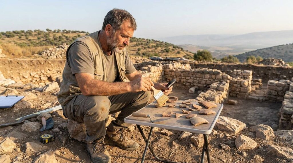 Israeli archaeologist examines artifacts at Gilead dig site, surrounded by ruins.