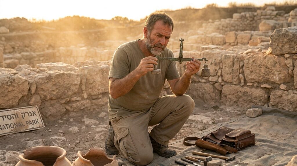 Israeli archaeologist examines ancient scales at a historical site in Israel.