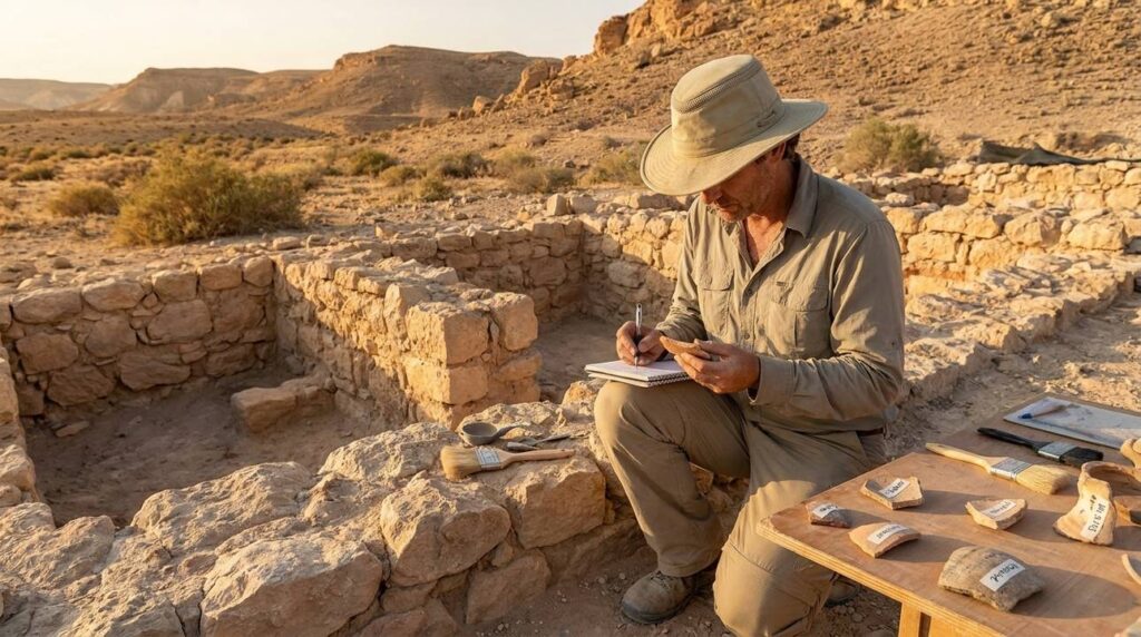 Archaeologist examines artifacts at Negev Desert ruins during late afternoon.