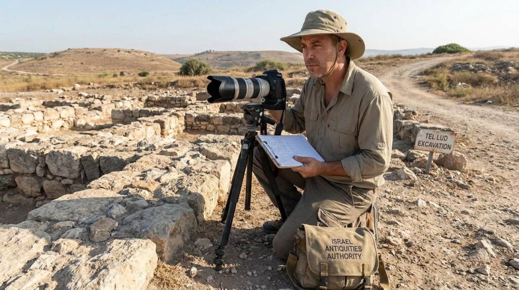 Archaeologist examining stone ruins in Israel with clipboard and camera.
