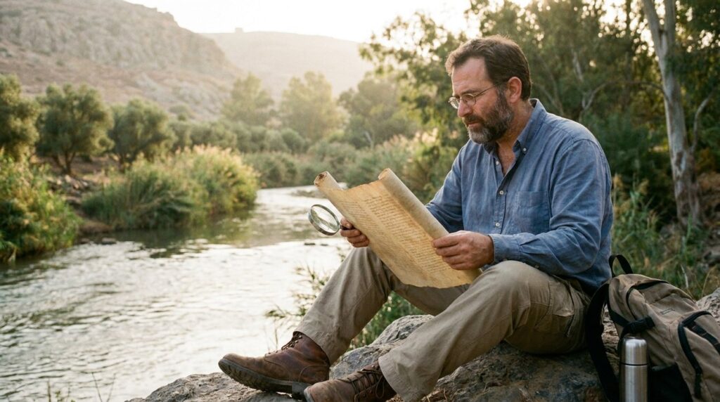 Israeli historian examines ancient manuscripts by a river in morning light.