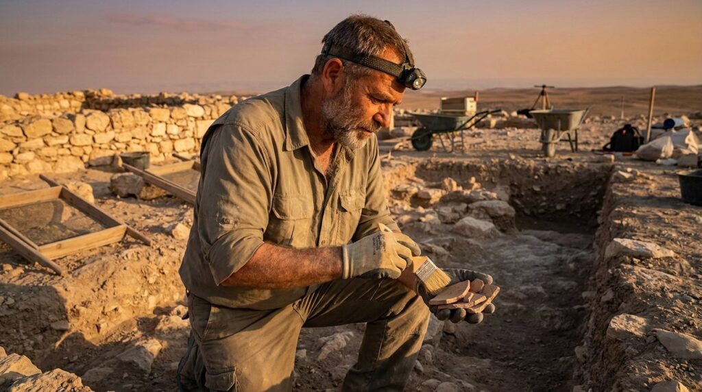 Israeli archaeologist examines pottery shards at Tell Arad excavation site.