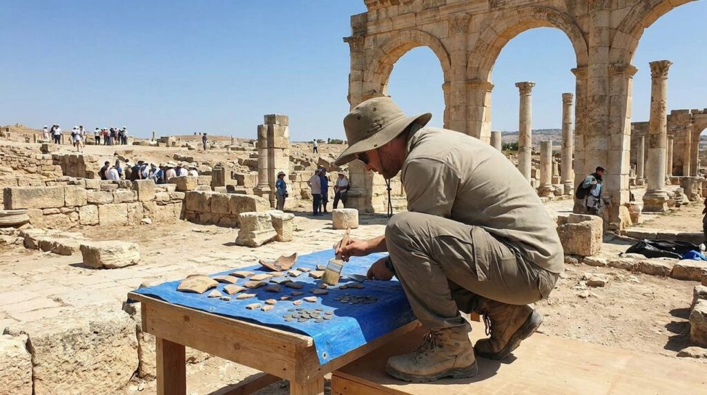 Archaeologist examining artifacts at Philippi ruins under clear sky.