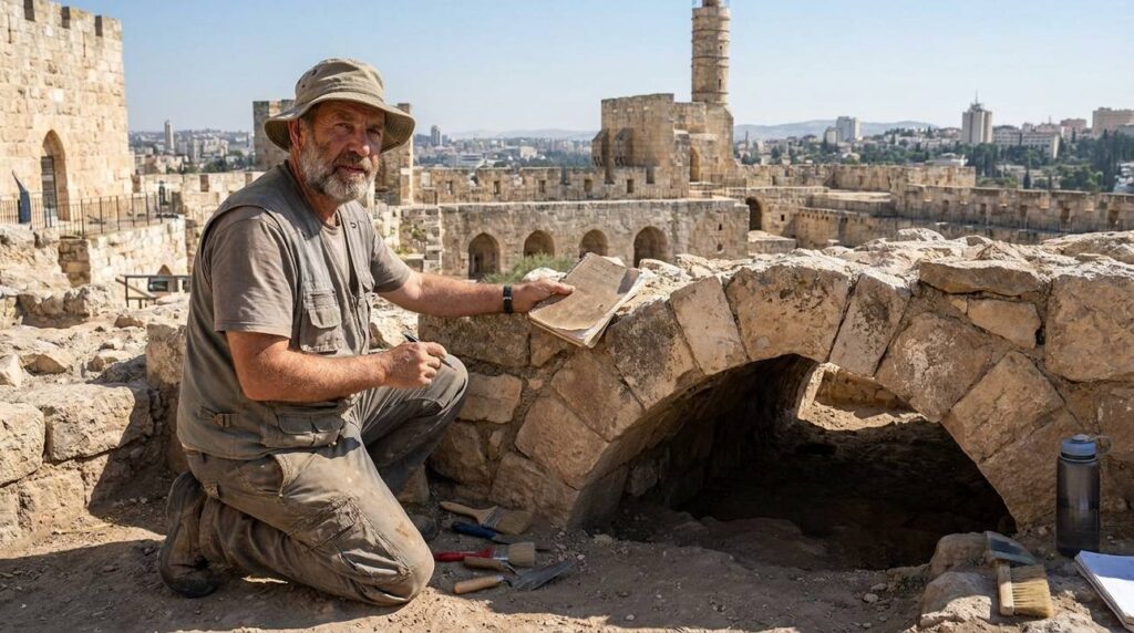 Israeli archaeologist examines Roman ruins in Jerusalem, taking notes.