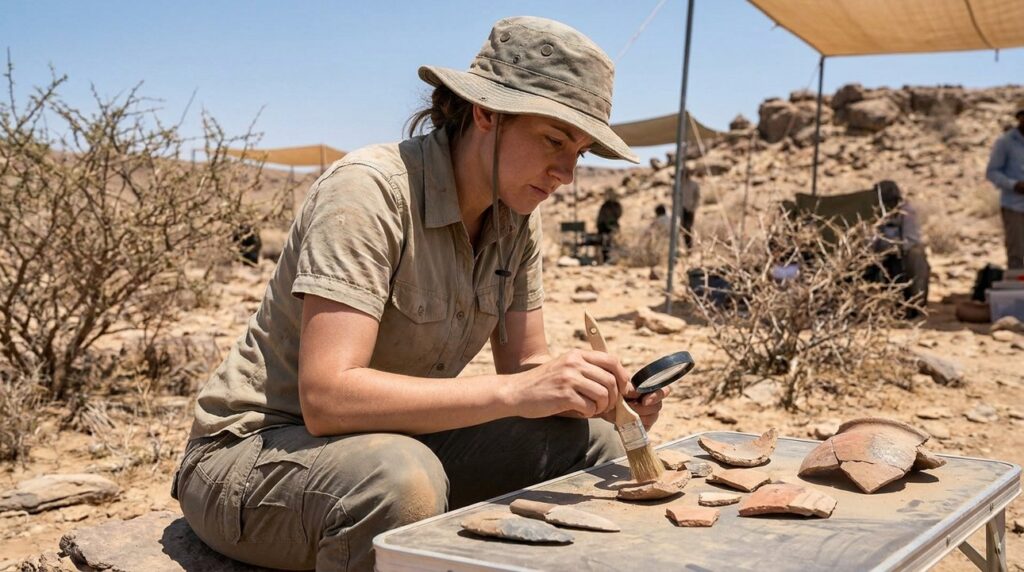 Israeli archaeologist examines artifacts at desert dig site in Paran.
