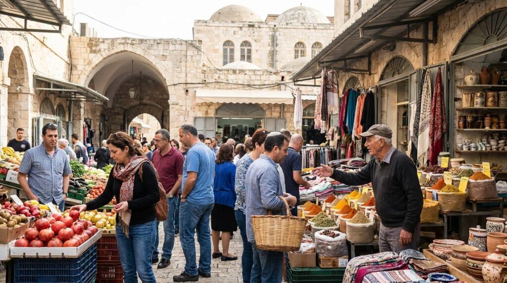 Diverse group of people trading in a busy Nazareth market.