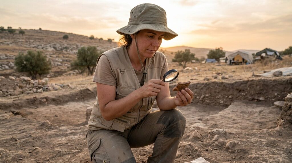 Israeli archaeologist examines pottery at Gilead dig site during sunset.