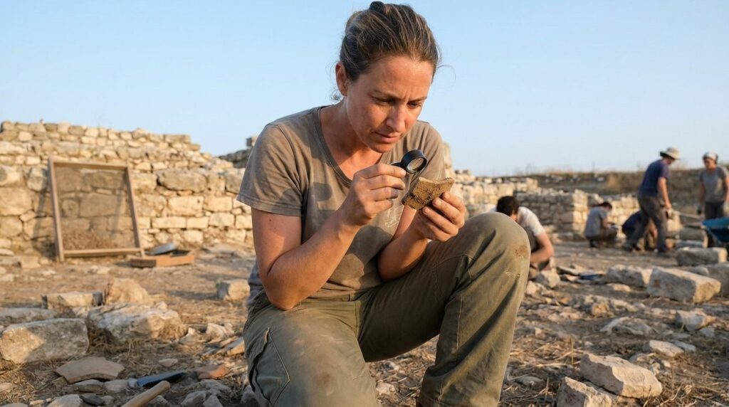 Israeli archaeologist examines artifacts at Megiddo excavation site.