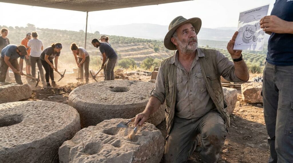 Israeli archaeologist examines ancient olive press at Lubya excavation site.