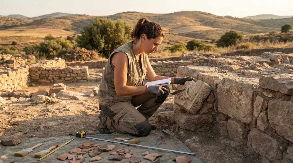 Archaeologist examining ancient stone ruins in Lystra with excavation tools.