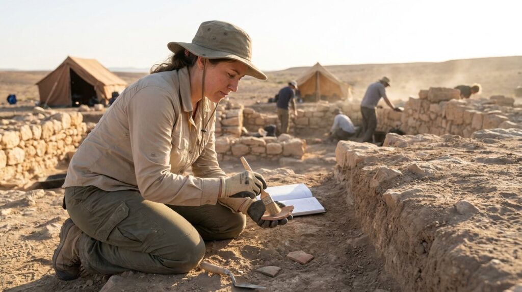 Israeli archaeologist examines artifacts at Nahor dig site.