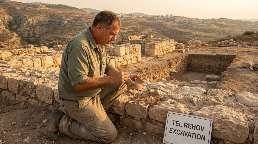 Israeli historian examines artifacts at archaeological site near historical city.