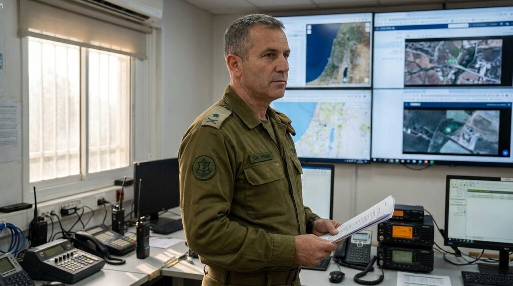 Israeli military strategist reviews documents in a command center.