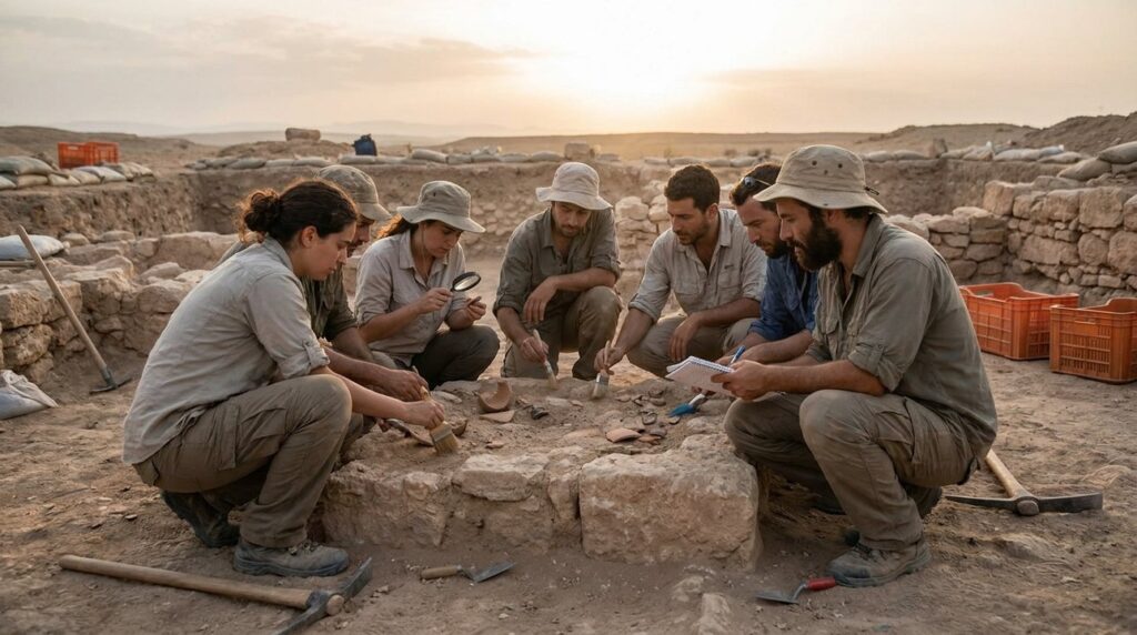 Israeli archaeologists examine Philistine artifacts at Gaza excavation site.