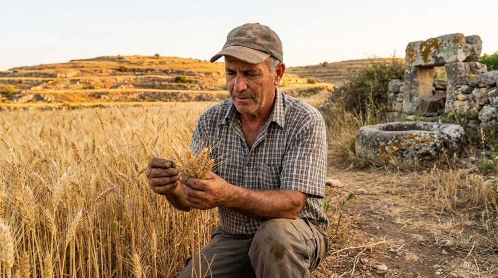 Israeli farmer in work clothes inspecting wheat in a field.