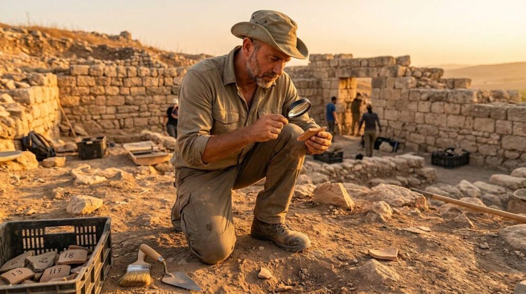 Israeli archaeologist examines ancient artifacts at King Solomon-era site.