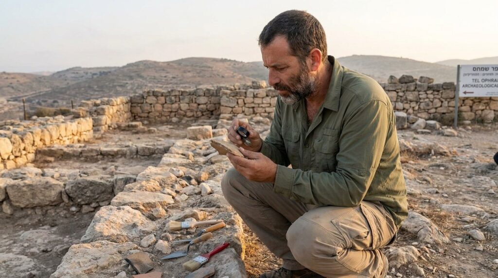 Israeli archaeologist examining pottery at Ophrah ruins in soft morning light.