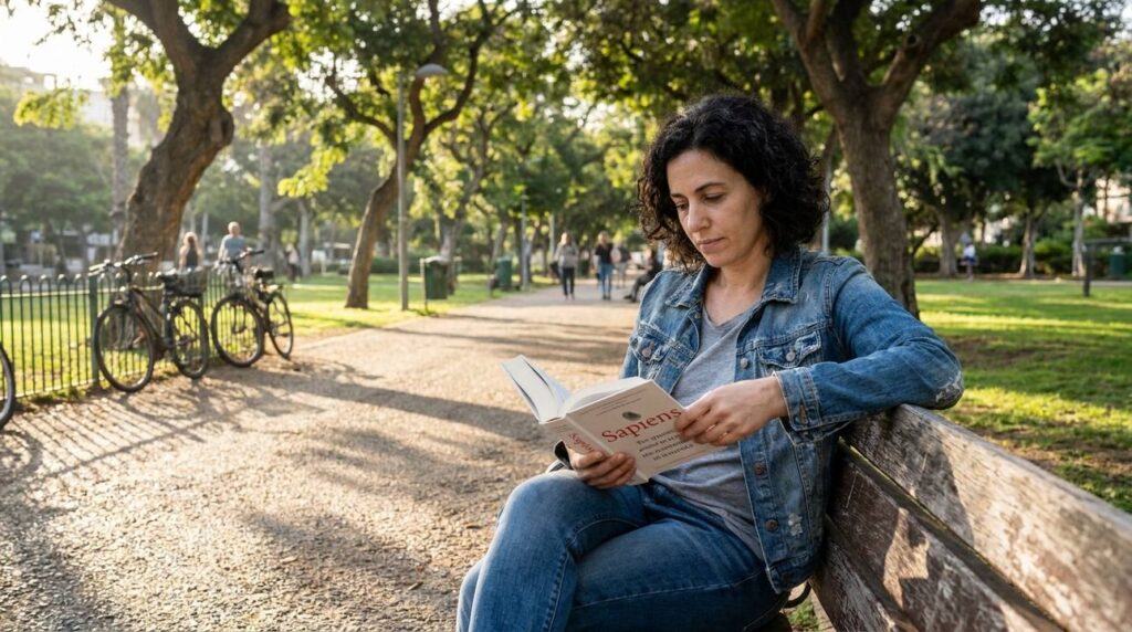 Israeli woman reading a book on a park bench in Tel Aviv.