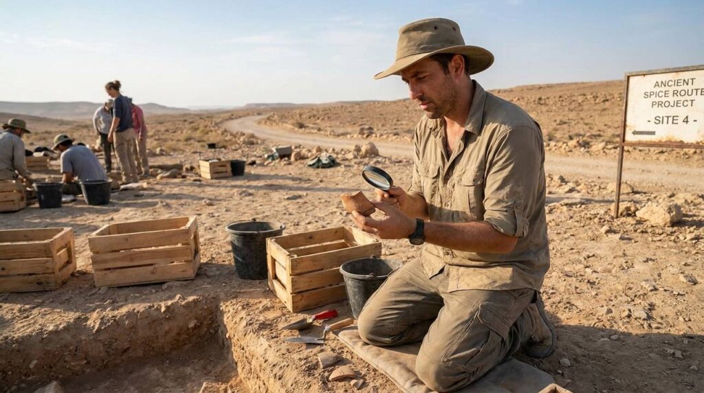 Israeli archeologist examines artifacts at desert dig site in Israel.