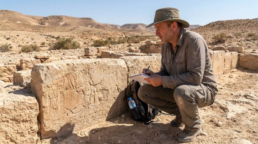Historian in casual wear taking notes at Negev desert ruins.