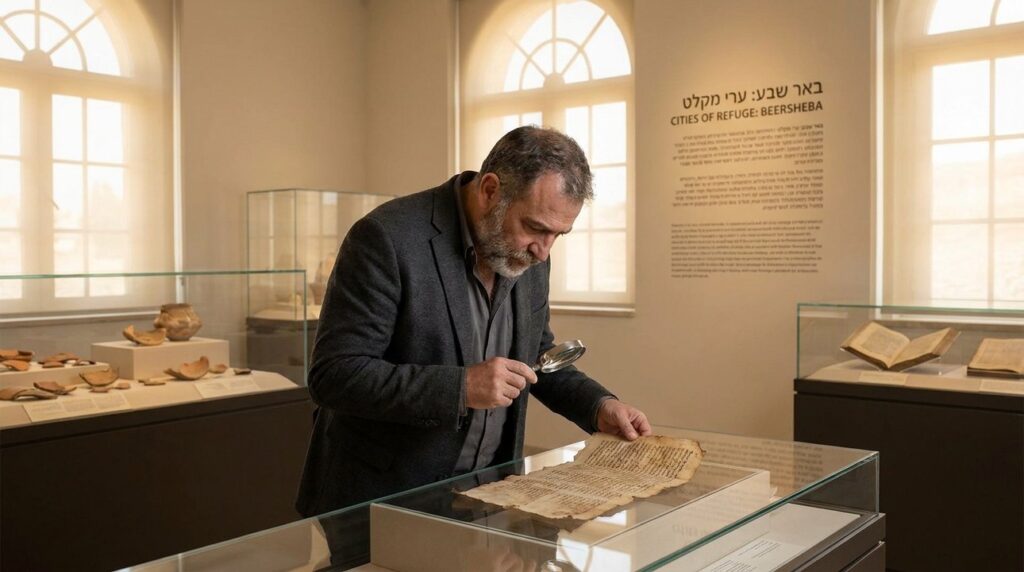 Israeli man in professional attire examines ancient scrolls in museum.