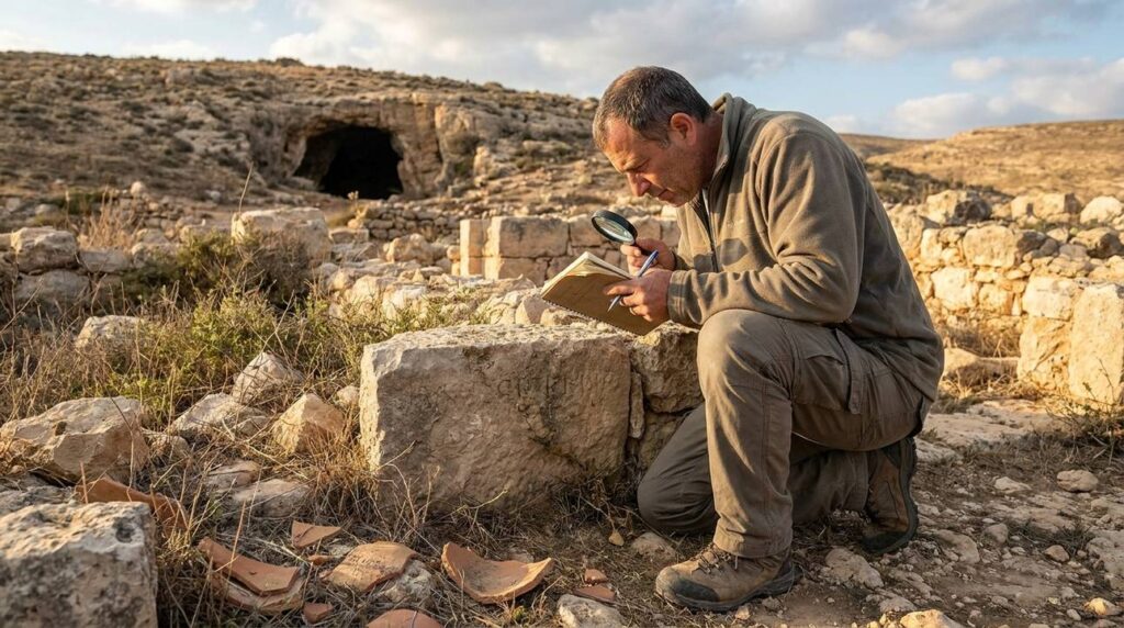 Israeli historian examines ancient ruins with notebook in rugged terrain.
