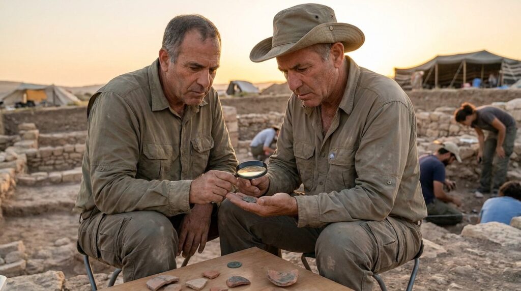 Israeli archaeologist examining ancient coins and pottery at Bozrah dig site.