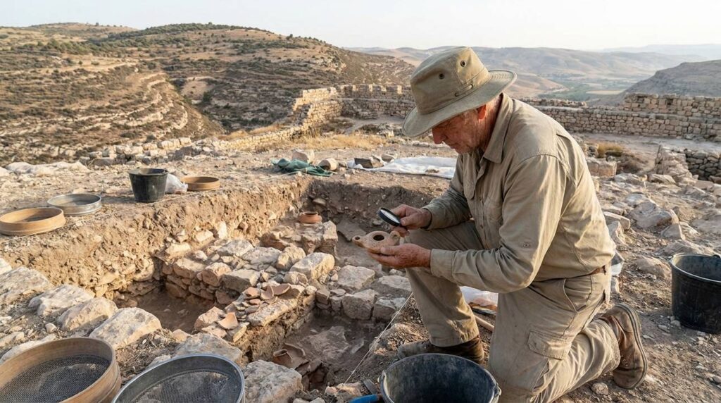 Archaeologist examines artifacts at Ophrah ruins in soft morning light.