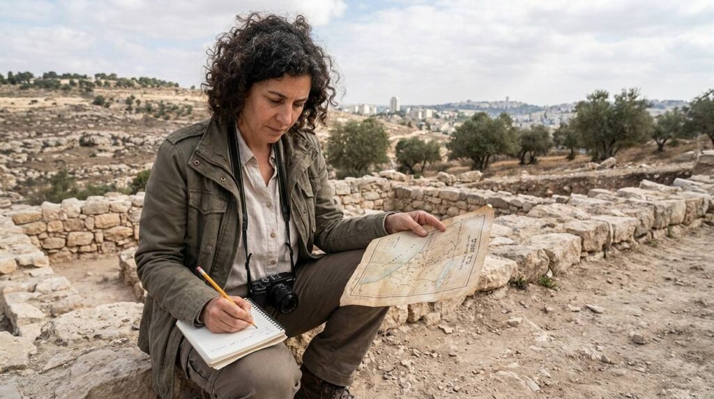 Israeli historian examines ancient ruins at Ramah with map and notes.