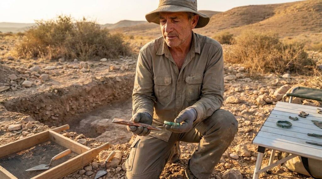 Israeli archaeologist examines copper artifacts in Negev Desert at sunset.