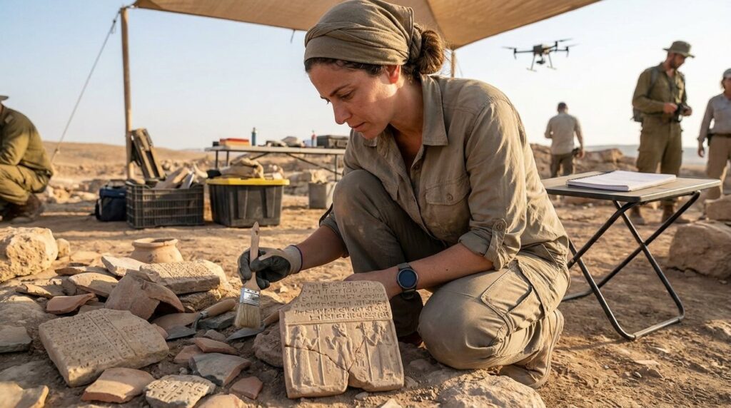 Israeli archaeologist examines Elamite artifacts at Middle Eastern dig site.